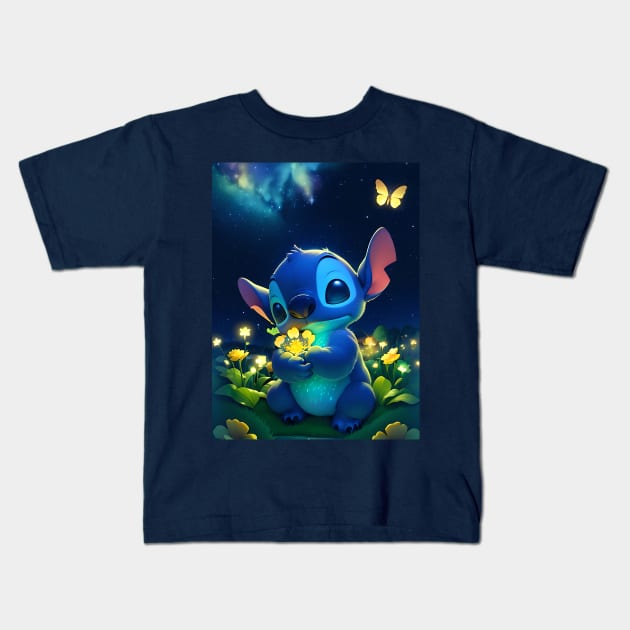 Stitch flower garden Kids T-Shirt by cloudart2868